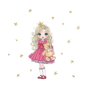 Cartoon little princess with teddy bear and golden stars wall sticker for bedroom decoration