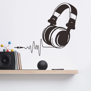 Minimalist Music Headset Heartbeat Soundwave Wall Sticker Black PVC Headphones Decal For Studio Bedroom Home Decoration