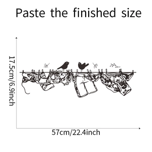 Detailed size chart for bird and summer clothes wall sticker showing 57cm width measurement