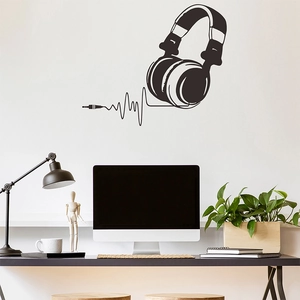 Creative headphone wall sticker with audio cable heart rate design for bedroom decor