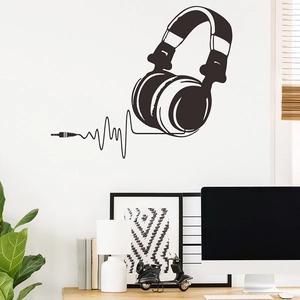 Modern gaming headset silhouette and soundwave wall sticker for bedroom decor