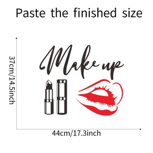 Detail view of the Make Up wall sticker with dimensions showing the lipstick and lip design
