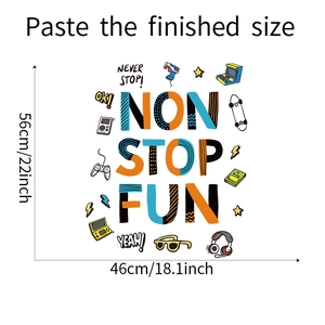 Detail view of the Non Stop Fun gaming wall sticker showing dimensions 46cm by 56cm