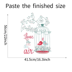 Detail showing self-adhesive wall sticker dimensions 56x41.5cm with bird and floral pattern