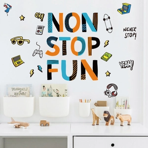 Cartoon game controller wall stickers with Non Stop Fun text for boys bedroom decor