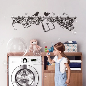 Bird Clothesline Silhouette Wall Sticker Removable PVC Laundry Room Decor Black DIY Animal Clothing Mural Art Decal