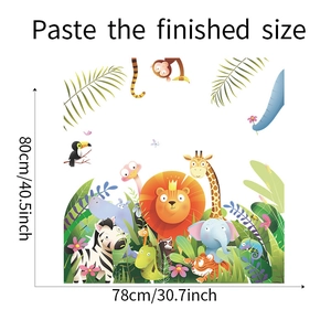 Detailed dimensions of cartoon lion giraffe wall decal for children's bedroom decor