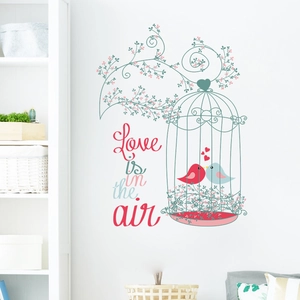 Bird cage wall decal with love birds and flowers for bedroom wall decoration