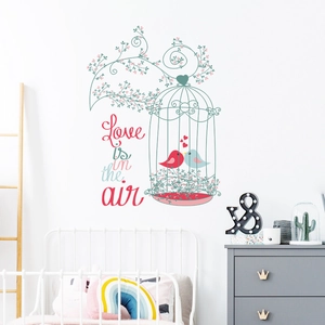 Romantic bird cage wall sticker with love is in the air text for nursery wall decor