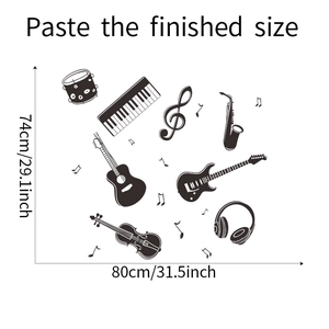 Detailed dimension layout of black music-themed wall stickers with guitar and notes