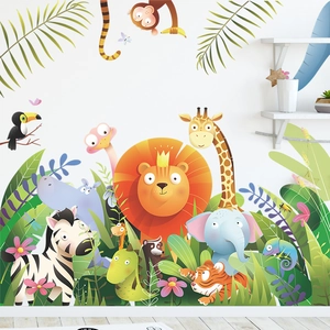 Cartoon forest animals wall decals featuring lions and giraffes for kids bedroom decor