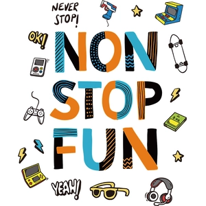 Cartoon game controller wall stickers with Non Stop Fun text for boys bedroom decor