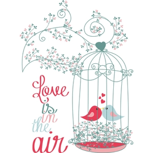 Romantic birdcage wall sticker with love is in the air quote and pink flowers