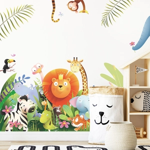 Detailed jungle animal wall decals featuring cartoon lion, giraffe and elephant in a nursery