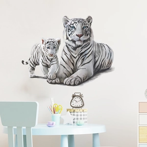 Detailed wall sticker featuring two realistic white tigers in a cozy child bedroom setup