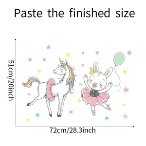 Cartoon bunny and unicorn wall decals with size dimensions of 51cm by 72cm for kids room