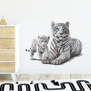 Realistic White Tiger Pattern PVC Wall Sticker Removable Animal Mother Cub Design Decal For Living Room Bedroom Kids Room Home Decor Art