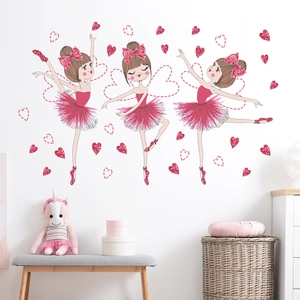 Adesivi murali con ballerina di cartoni animati e cuori rossi per camera dei bambini