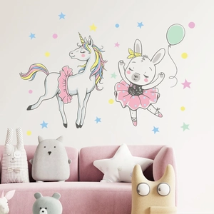 Cartoon unicorn and dancing rabbit wall stickers with stars for nursery decor