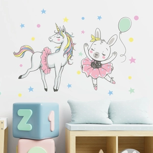 Cartoon unicorn and ballet rabbit wall stickers with stars and balloons for kids' rooms
