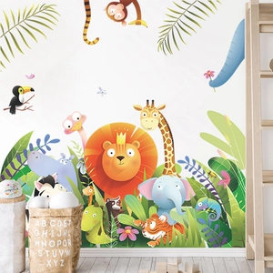 Cartoon jungle animals wall stickers featuring lion giraffe and elephant for nursery