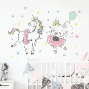 Cartoon unicorn and bunny wall decals in pink ballet tutus for nursery wall decoration