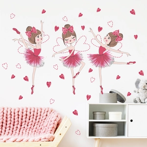 Adesivi murali bambine ballerine con cuori rosa per decorazione camera da letto