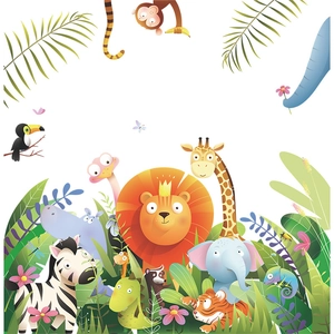 Cartoon jungle animals wall stickers with lion giraffe and elephant for kids bedroom decor