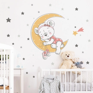 Stickers muraux ours endormi sur la lune avec étoiles pour décor de chambre d enfant