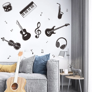 Detailed wall decals set featuring musical instruments and notes on a white wall decor