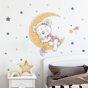 Sticker mural petit ours dormant sur la lune avec étoiles pour décor de chambre d'enfant
