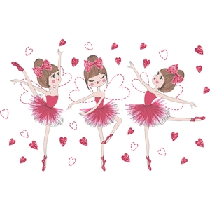 Adesivi da parete con ballerina cartoon in tutù rosa e cuori rossi per camera letto