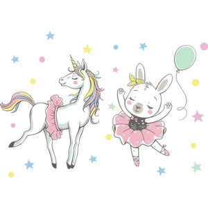 Cartoon wall stickers with ballet unicorn and rabbit holding balloons for kids room decor