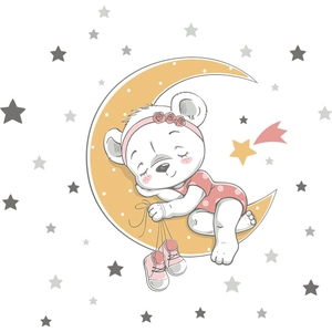 Sticker mural ours mignon dormant sur la lune avec étoiles pour chambre d'enfant