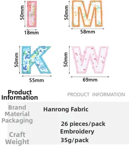Detail showing floral embroidery letter patches I M K W with precise size measurements