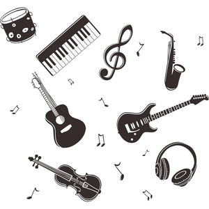 Music wall stickers featuring guitar piano instruments and notes for home bedroom decor