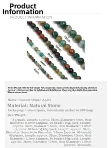 Size comparison chart for peacock striped agate beads from 4mm to 12mm diameters