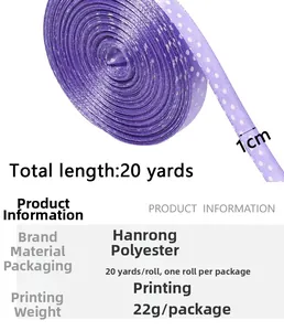 Macro detail of purple polka dot polyester ribbon showing 1cm width on a white background