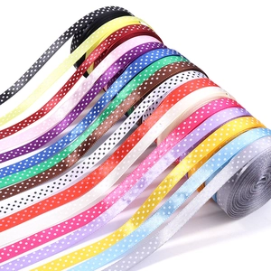 Close-up of colorful polka dot polyester ribbons showing silk texture for gift wrapping