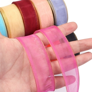Detail of pink sheer organza ribbon with gold metallic edges for DIY hair bows