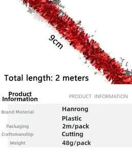 Detail of red Christmas tinsel garland with stars, measuring 9cm width and 2m length