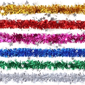 Colorful Christmas tinsel garland set with metallic stars for party and home decor