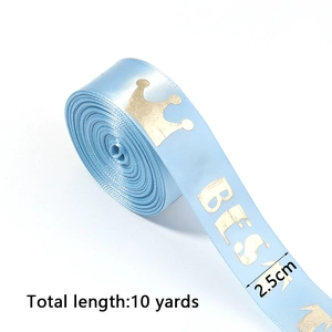 Light blue 2.5cm satin ribbon with gold crown and BEST print for gift wrapping