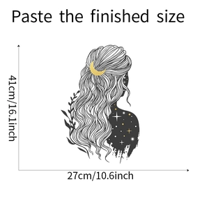 Detail view of starry moon girl wall sticker showing dimensions 41cm height and 27cm width