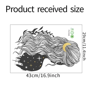 Starry night girl profile wall decal with gold moon and stars decor, 43x29cm size