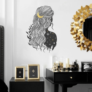 Starry night girl silhouette wall sticker in black and gold for home wall decor