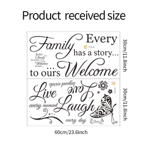 Dimensions détaillées des stickers muraux Family et Live Laugh Love avec motifs de papillon