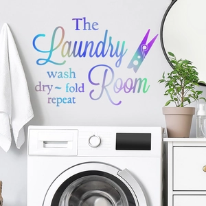 Holographic The Laundry Room wall decal with wash dry fold repeat quote for home decor