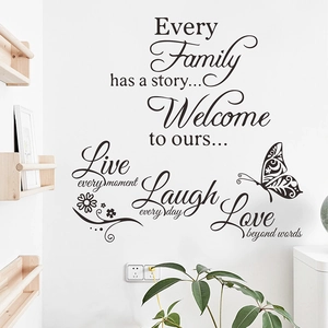 Stickers Muraux Family Every Story Live Laugh Love Amovible Noir PVC Papillon Fleur Citations Décoration Murale pour Maison