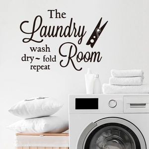 Modern black vinyl laundry room wall decal featuring wash dry fold repeat quotes